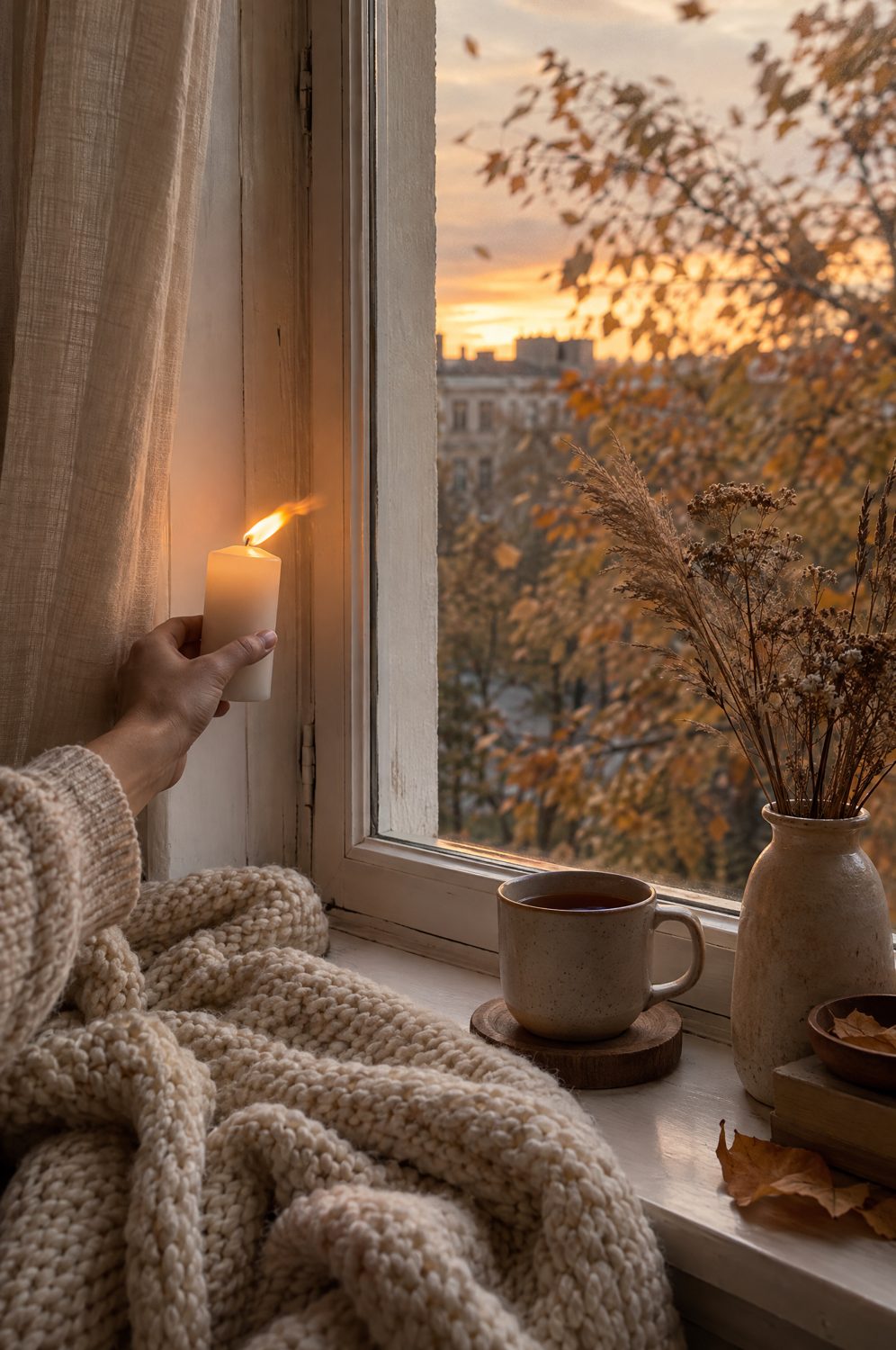 Hand hält eine brennende Kerze an einen Fensterrahmen, die Flamme flackert im Luftzug, daneben Strickdecke und Tee