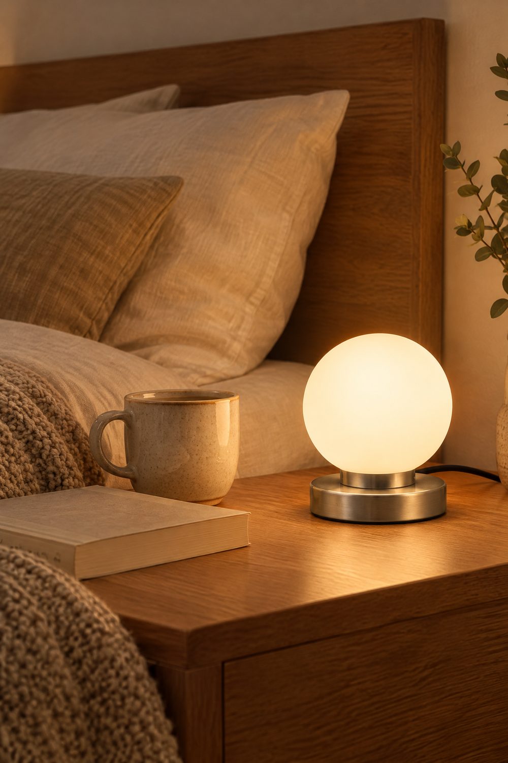 Kleine Tischlampe mit weißer Glaskugel auf rundem Metallsockel leuchtet im Abendlicht warm auf einem Nachttisch aus Holz im Schlafzimmer