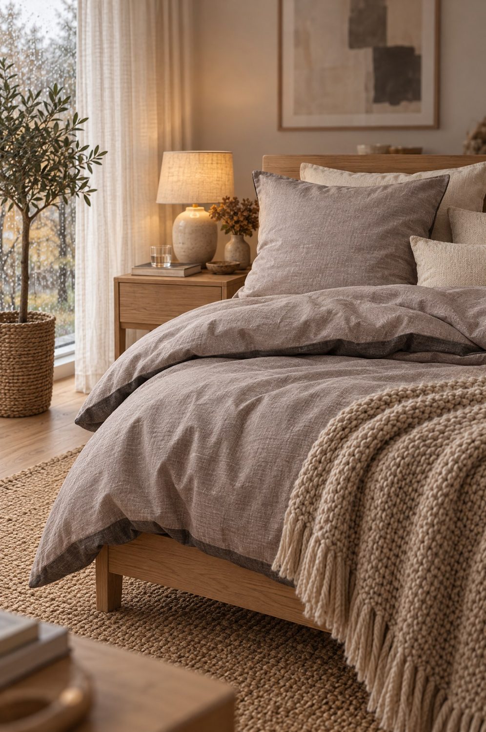 Schiesser Bettwäsche in Taupe und Grau auf einem Holzbett mit Strickdecke im hellen Schlafzimmer