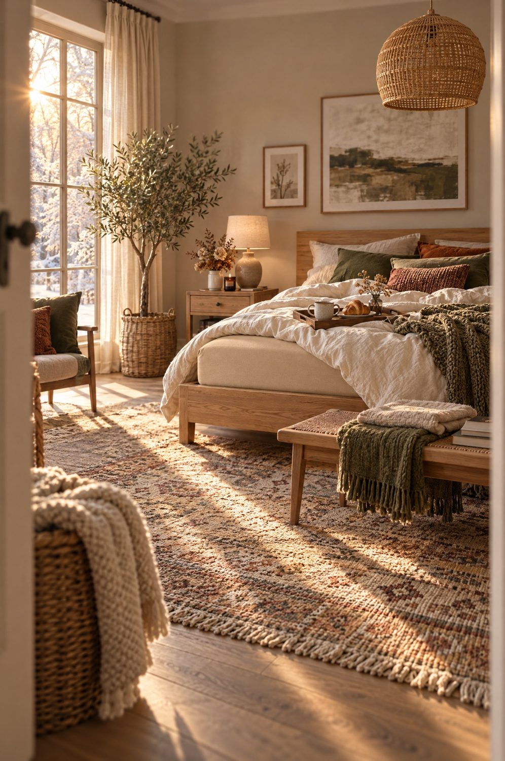 Helles Schlafzimmer mit Bett, sandfarbenem Spannbettlaken, Strickdecke und Morgensonne