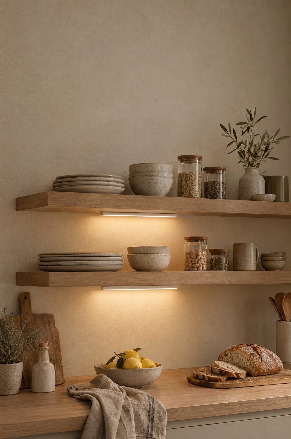 LED-Leisten leuchten warmweiß unter offenen Küchenregalen