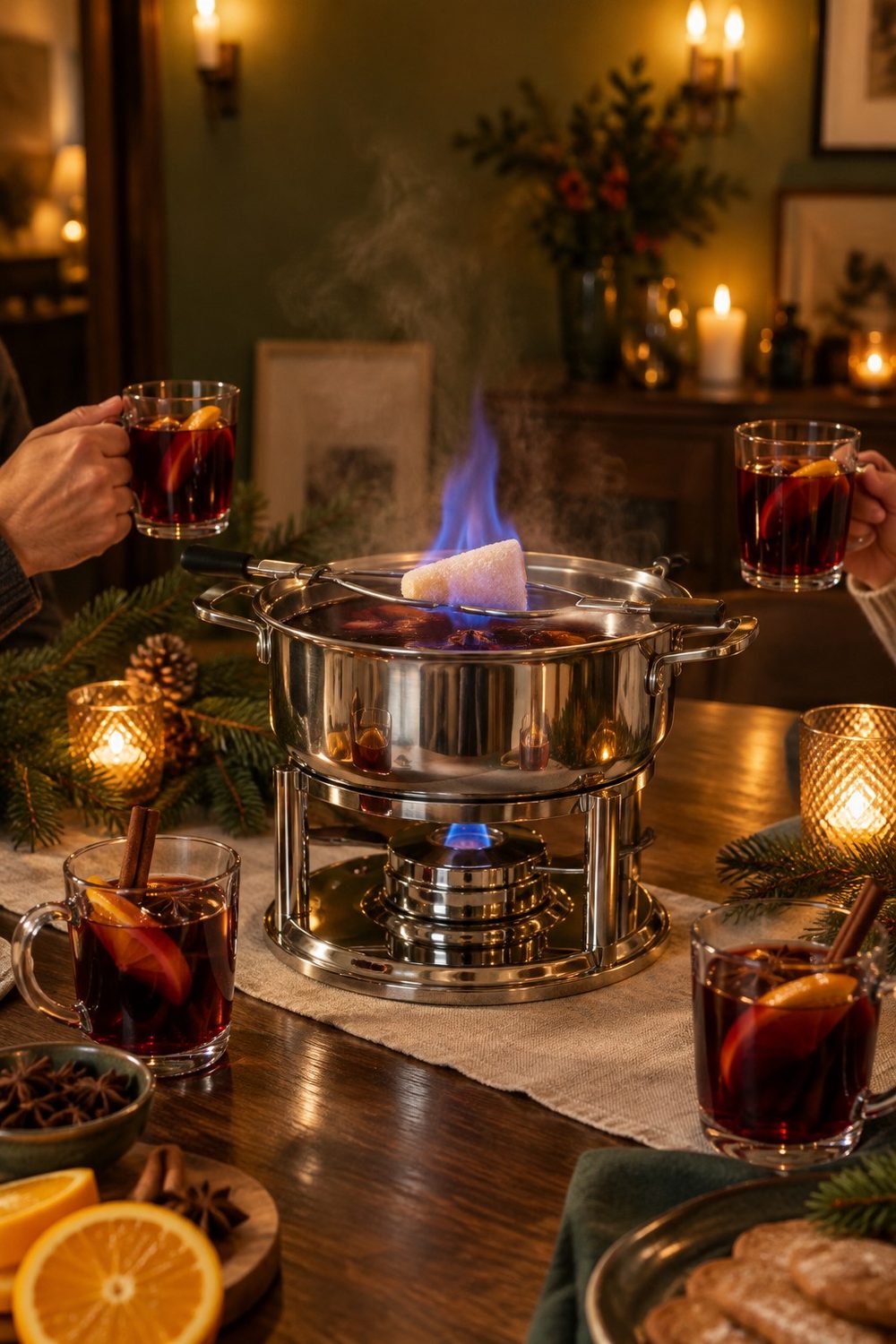 Schulte-Ufer Feuerzangenbowle Samba aus Edelstahl auf dem Rechaud mitten auf dem Esstisch, über dem Topf brennt der Zuckerhut mit blauer Flamme, ringsum Gläser mit Punsch, Orangen und Kerzenlicht