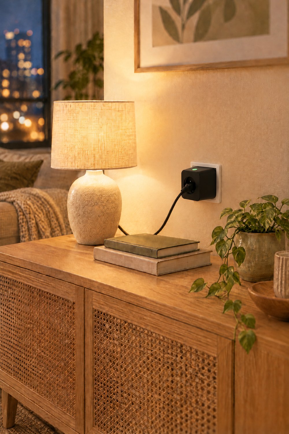 Schwarzer Shelly Plug M Gen3 in einer Wandsteckdose versorgt eine Tischlampe auf einem Sideboard aus Holz und Rattan