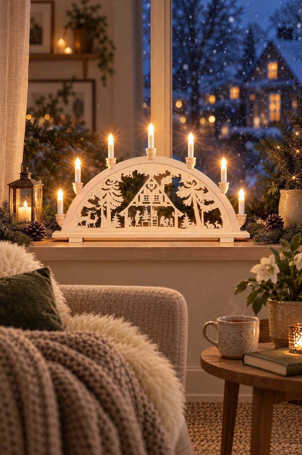 Holz-Schwibbogen mit Waldhaus-Motiv und sieben leuchtenden Kerzen auf einer Fensterbank, draußen fällt Schnee auf erleuchtete Häuser, davor ein Sessel mit Strickdecke