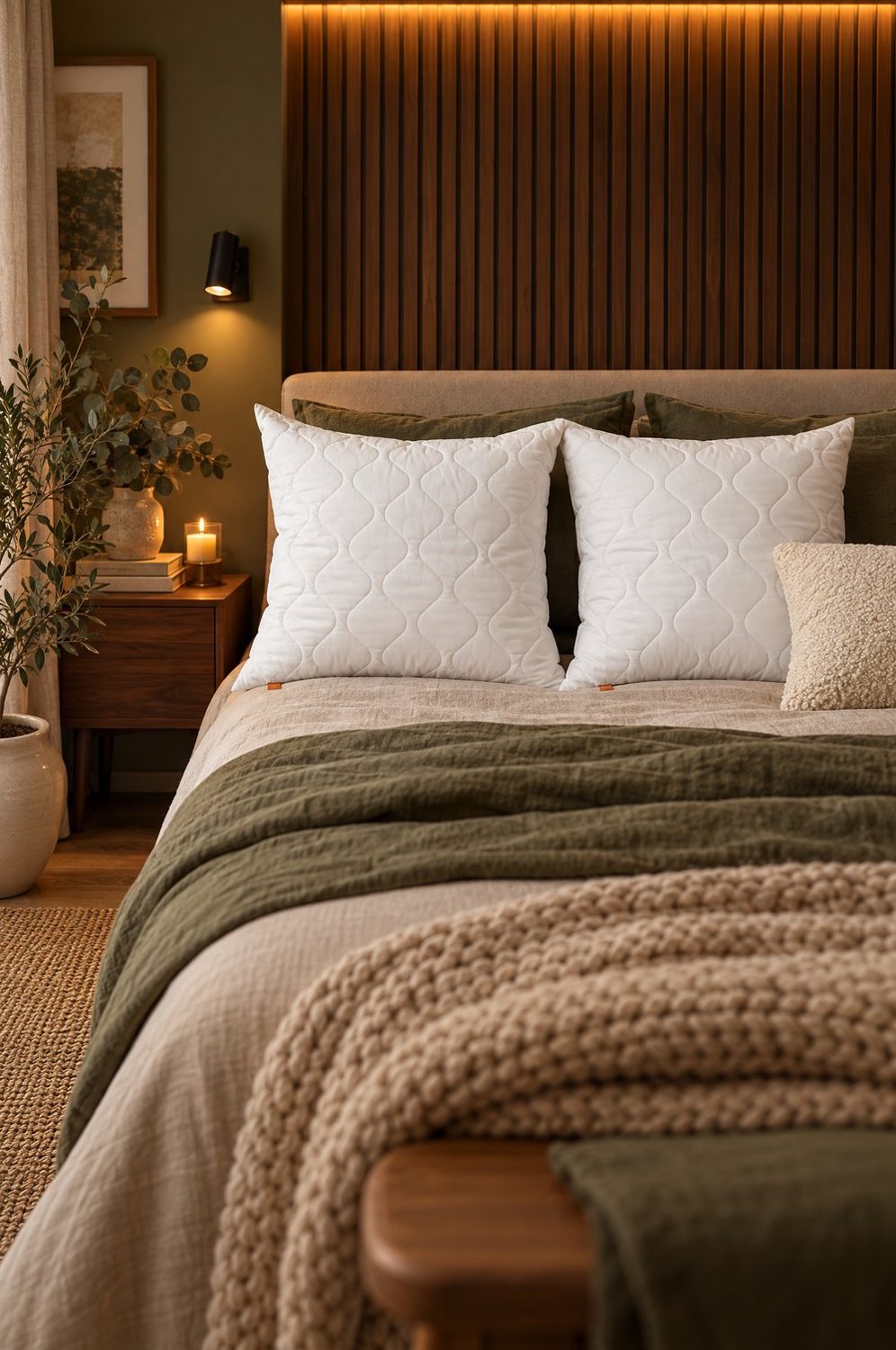 Zwei weiße gesteppte Kopfkissen von sleepling auf einem Bett mit olivgrüner Decke und Strickplaid vor einer Kopfteilwand aus Nussbaum-Lamellen mit warmem Licht