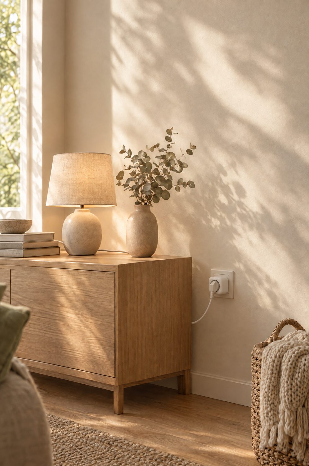 Smarte Steckdose in einer Wandsteckdose neben einem Sideboard mit Lampe