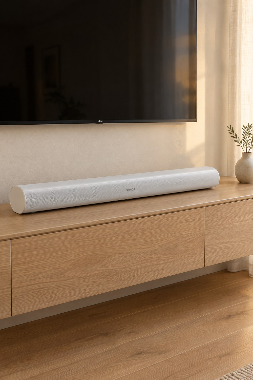 Weiße Sonos Arc Ultra Soundbar auf dem Eichen-Lowboard unter dem LG OLED Fernseher im warmen Abendlicht