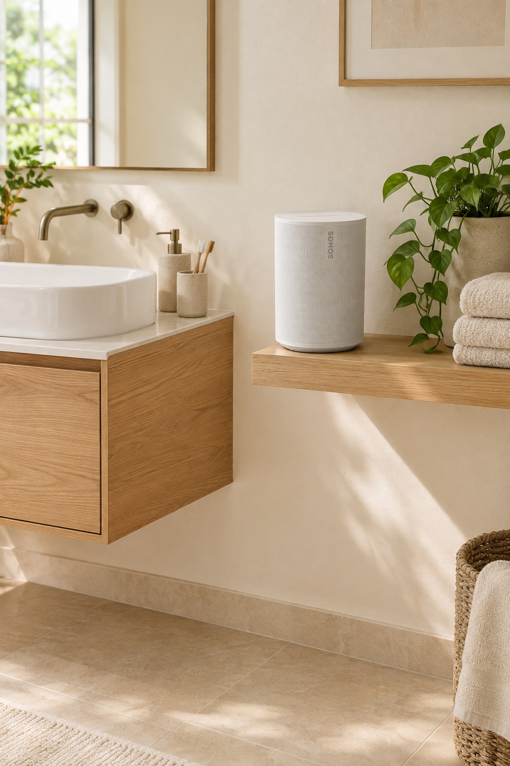 Weißer Sonos Era 100 auf einem Eichenbrett im hellen Bad neben Handtüchern und Pflanze