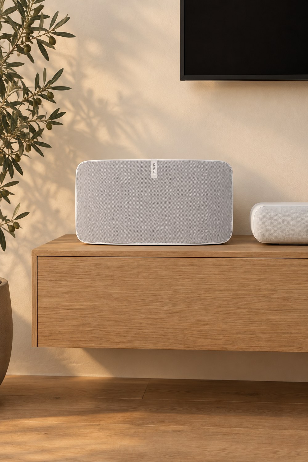 Zwei weiße Sonos Five Lautsprecher auf einem Sideboard aus Eiche