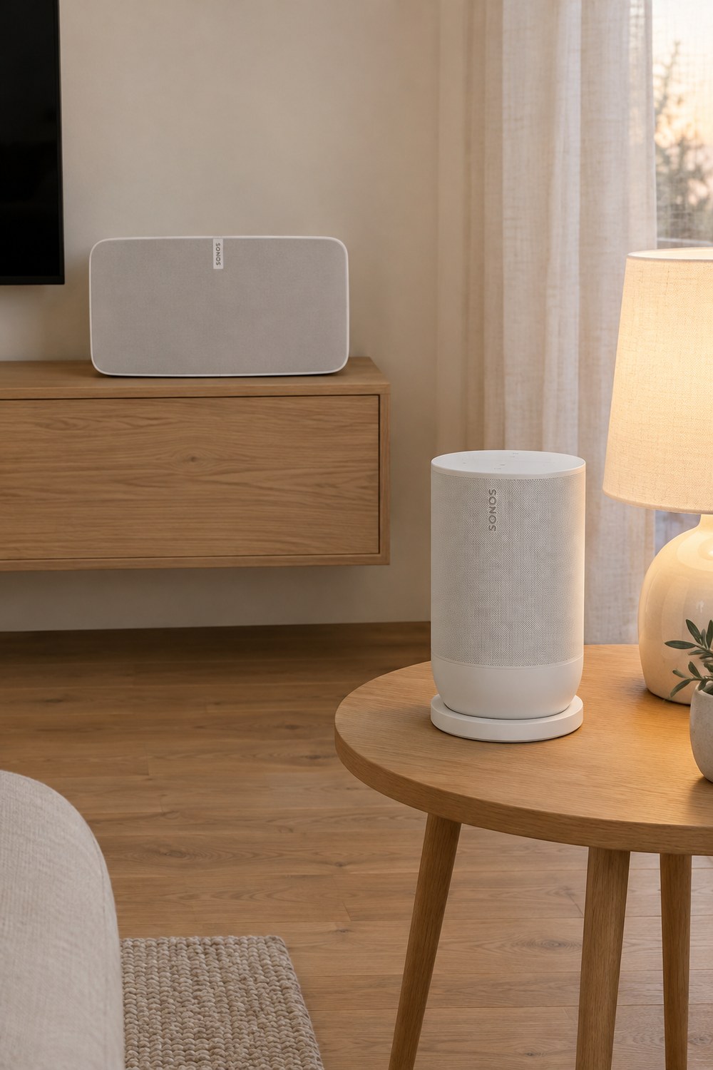 Weißer Sonos Move 2 auf seiner Ladestation auf einem runden Eichen-Beistelltisch neben der Tischlampe, dahinter ein Sonos Five