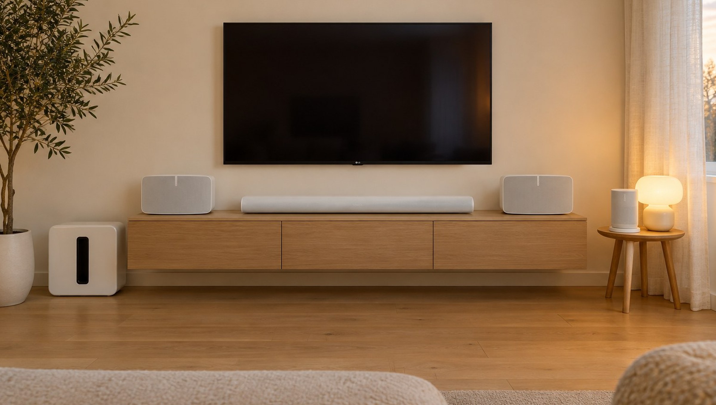 Wohnzimmer am Abend mit LG OLED an der Wand, Sonos Arc Ultra darunter, zwei Sonos Five, großem Sub 4 am Boden und Move 2 auf dem Beistelltisch