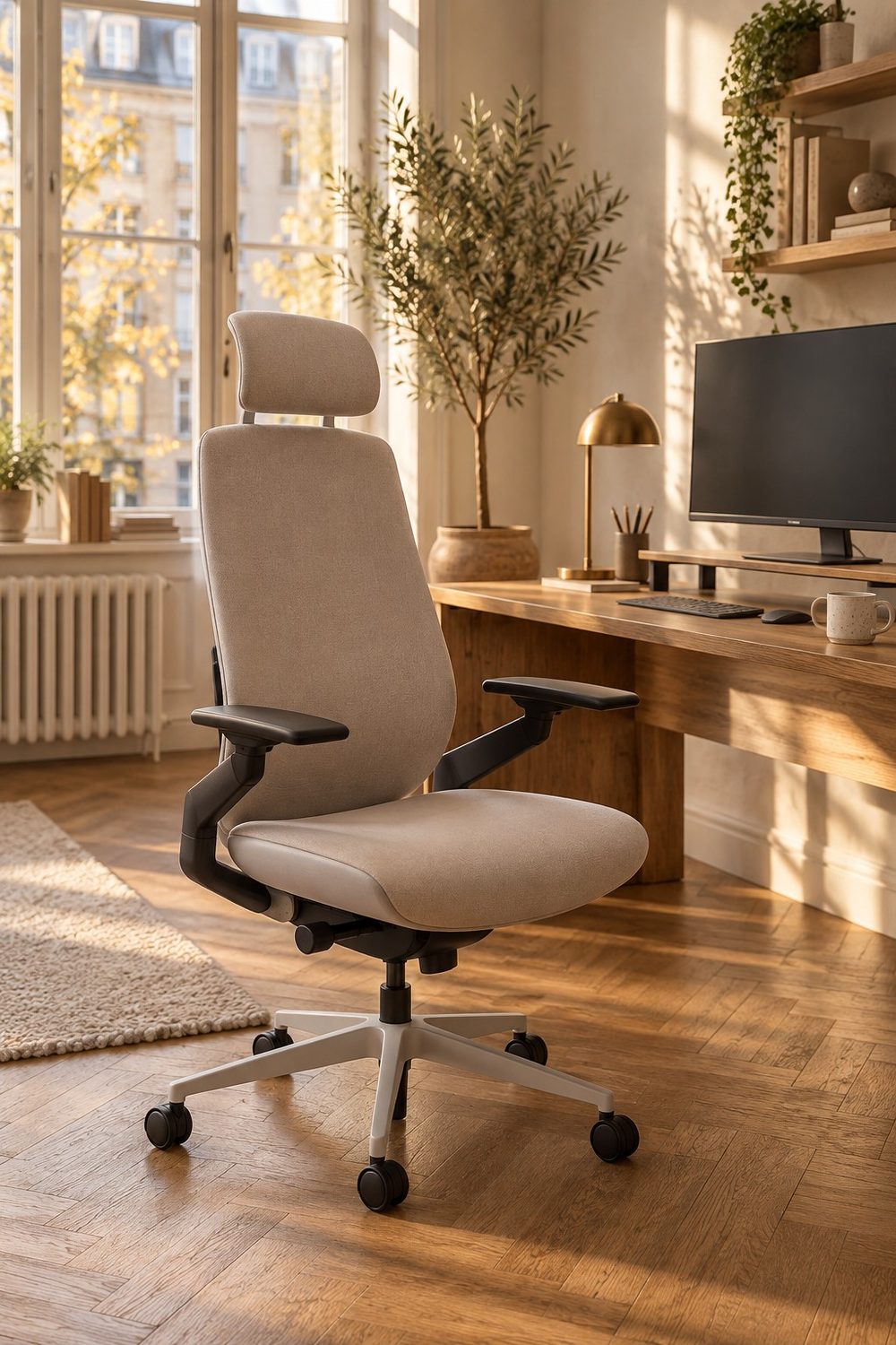 Steelcase Gesture Bürostuhl mit Kopfstütze in Beige von schräg vorn: heller Stoffbezug an Sitz, Lehne und Kopfstütze, schwarze Armlehnen und hellgraues Fußkreuz mit schwarzen Rollen, neben einem Holzschreibtisch mit Monitor und Messinglampe vor hohen Altbaufenstern, Sonnenlicht auf dem Fischgrätparkett