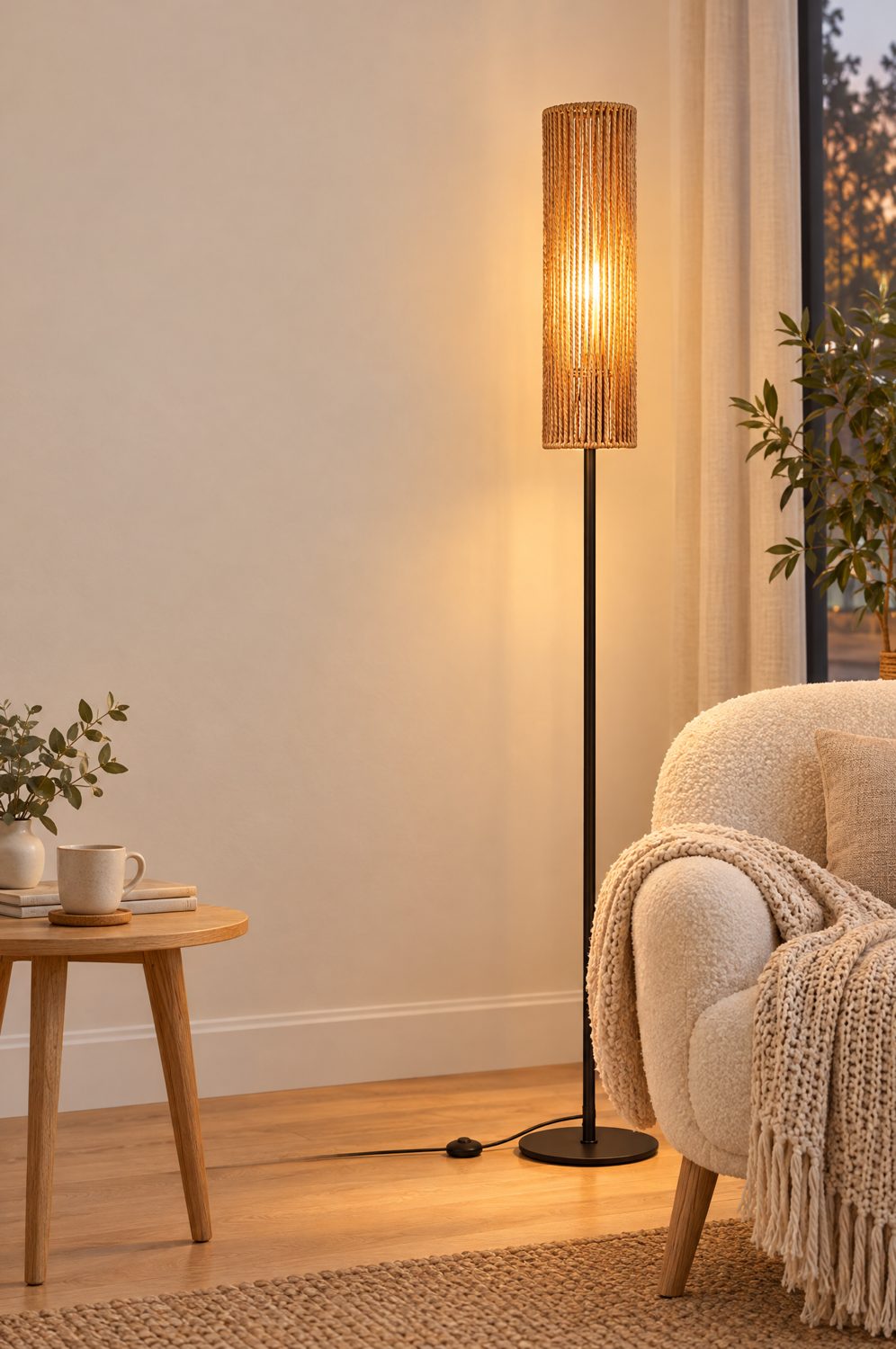 Stehlampe in Rattan-Optik mit warmem Licht neben einem Sessel in einem hellen Wohnzimmer