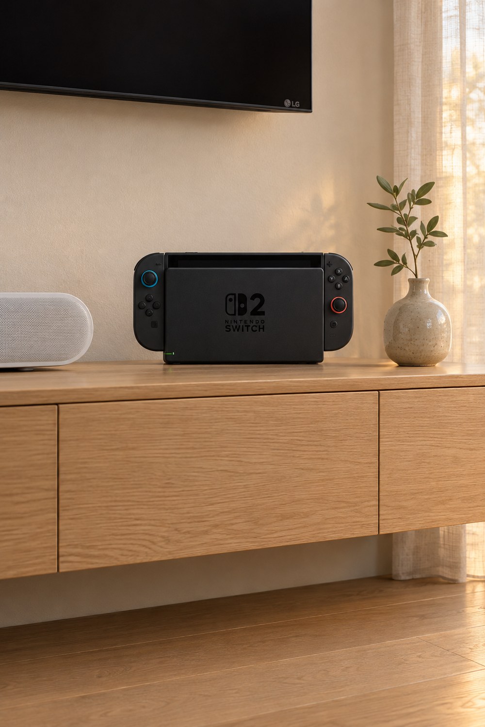 Nintendo Switch 2 im schwarzen Dock mit dunklen Joy-Con 2 auf dem Eichen-Lowboard unter dem Fernseher im Wohnzimmer
