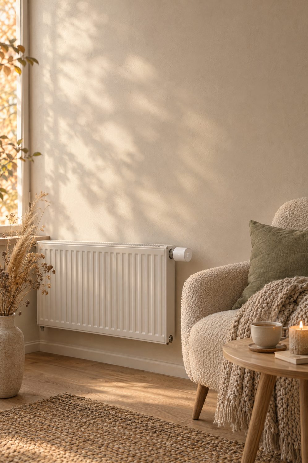 Smartes Heizkörperthermostat an einem Heizkörper im hellen Wohnzimmer