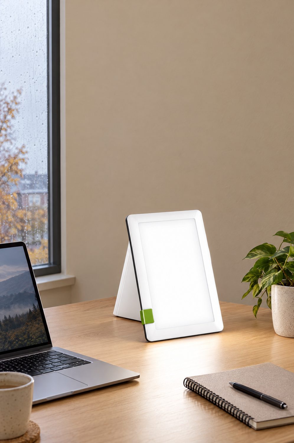 Tageslichtlampe steht auf einem aufgeräumten Schreibtisch im Homeoffice an einem grauen Herbsttag