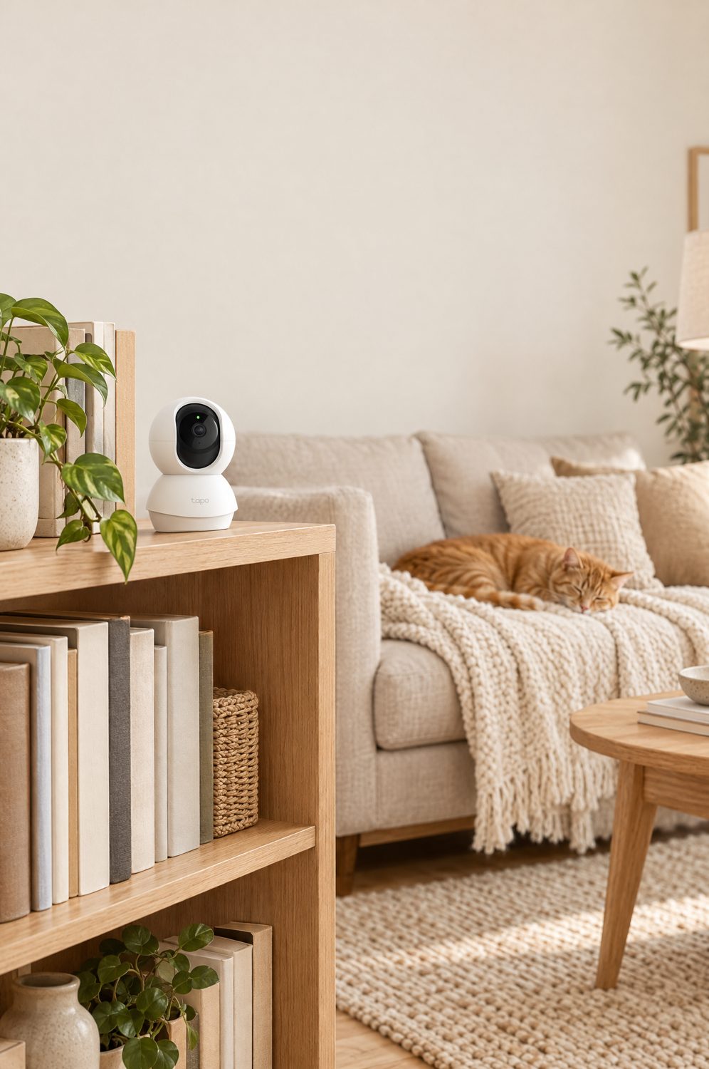 Weiße schwenkbare WLAN-Innenkamera im Regal, im Hintergrund eine Katze auf dem Sofa