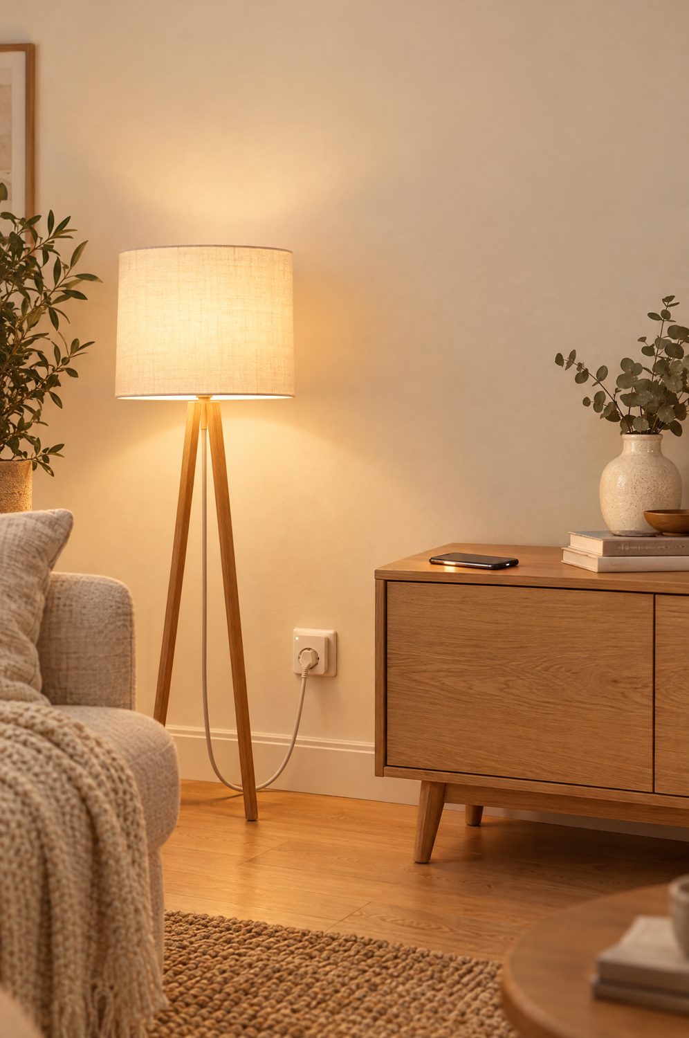 Kompakte smarte WLAN-Steckdose steckt in der Wand, daneben eine Stehlampe im Wohnzimmer
