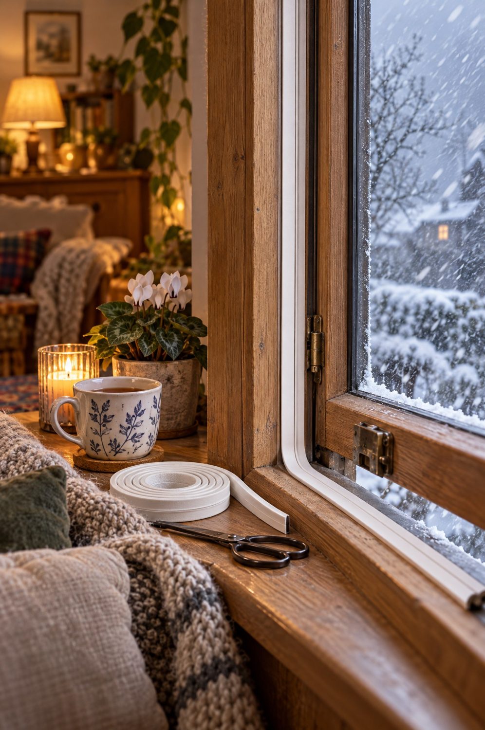tesa Dichtungsband auf der Fensterbank neben Schere, Tasse und Teelicht, draußen fällt Schnee