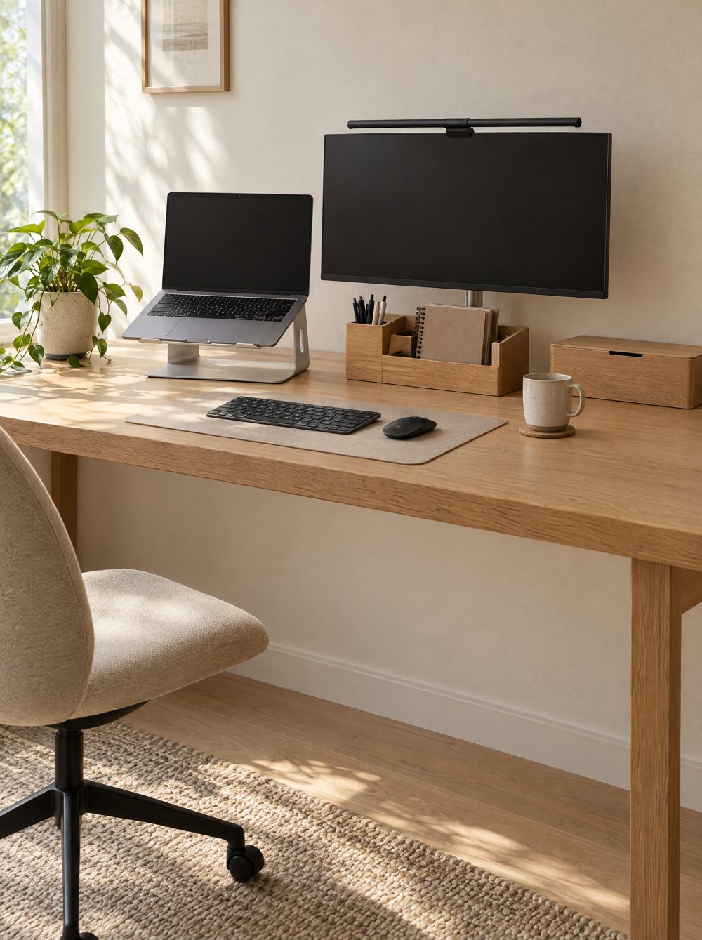 Aufgeräumter Holzschreibtisch mit Laptopständer, Monitor mit Lichtleiste und Ablage