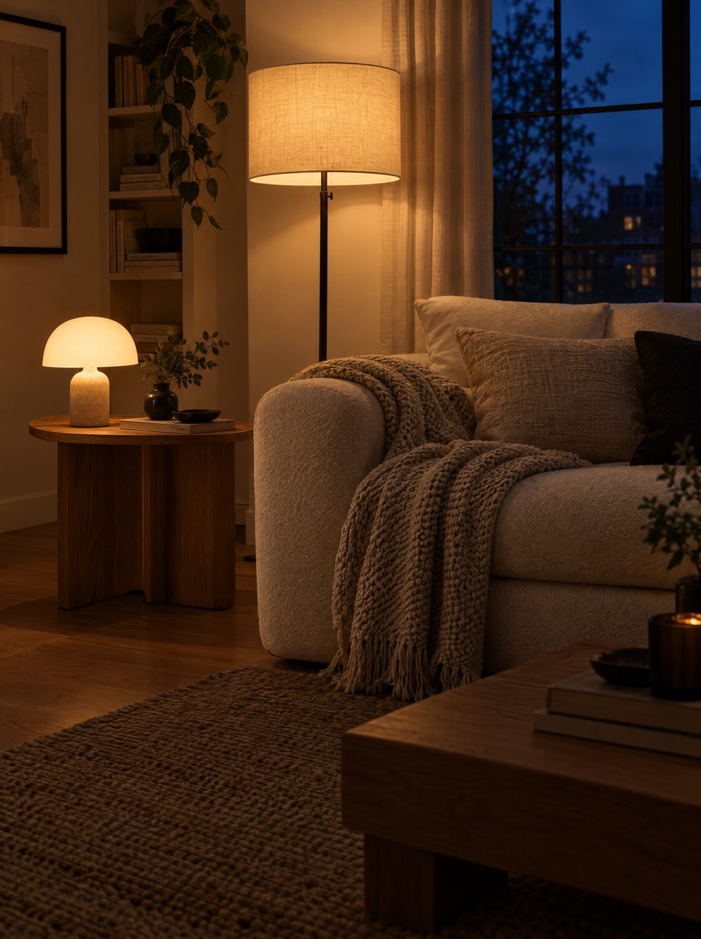 Wohnzimmer am Abend, nur warme Stehlampe und Tischlampe leuchten, draußen ist es schon dunkel