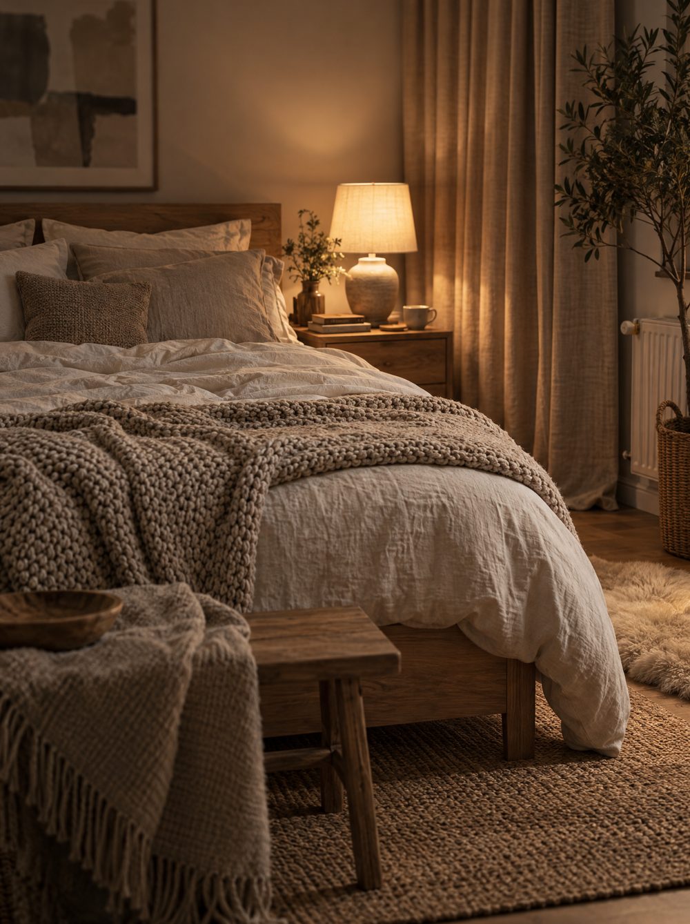 Gemütliches Schlafzimmer am Abend mit Leinenbettwäsche, Strickdecke und warm leuchtender Nachttischlampe
