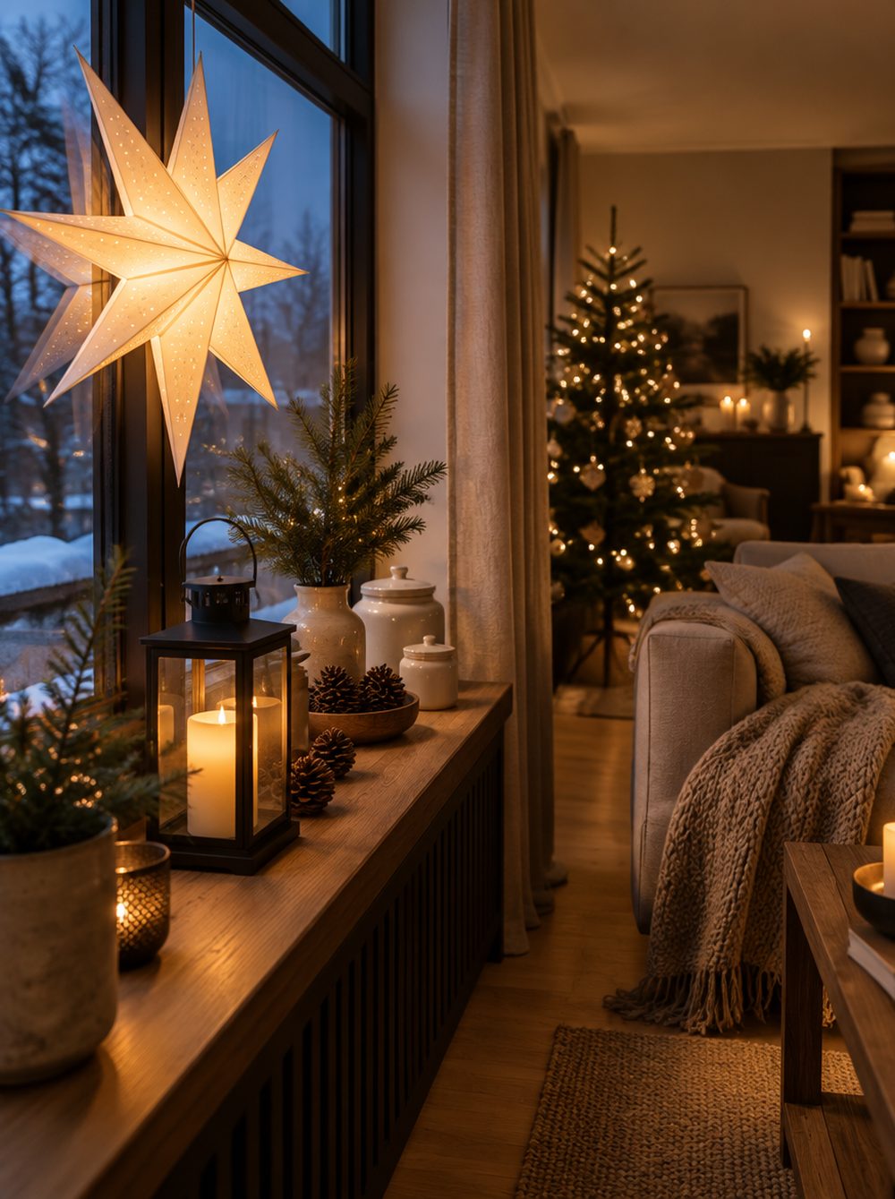 Weihnachtlich geschmücktes Wohnzimmer am Abend mit Papierstern im Fenster, Laterne, Tannenzweigen und Christbaum