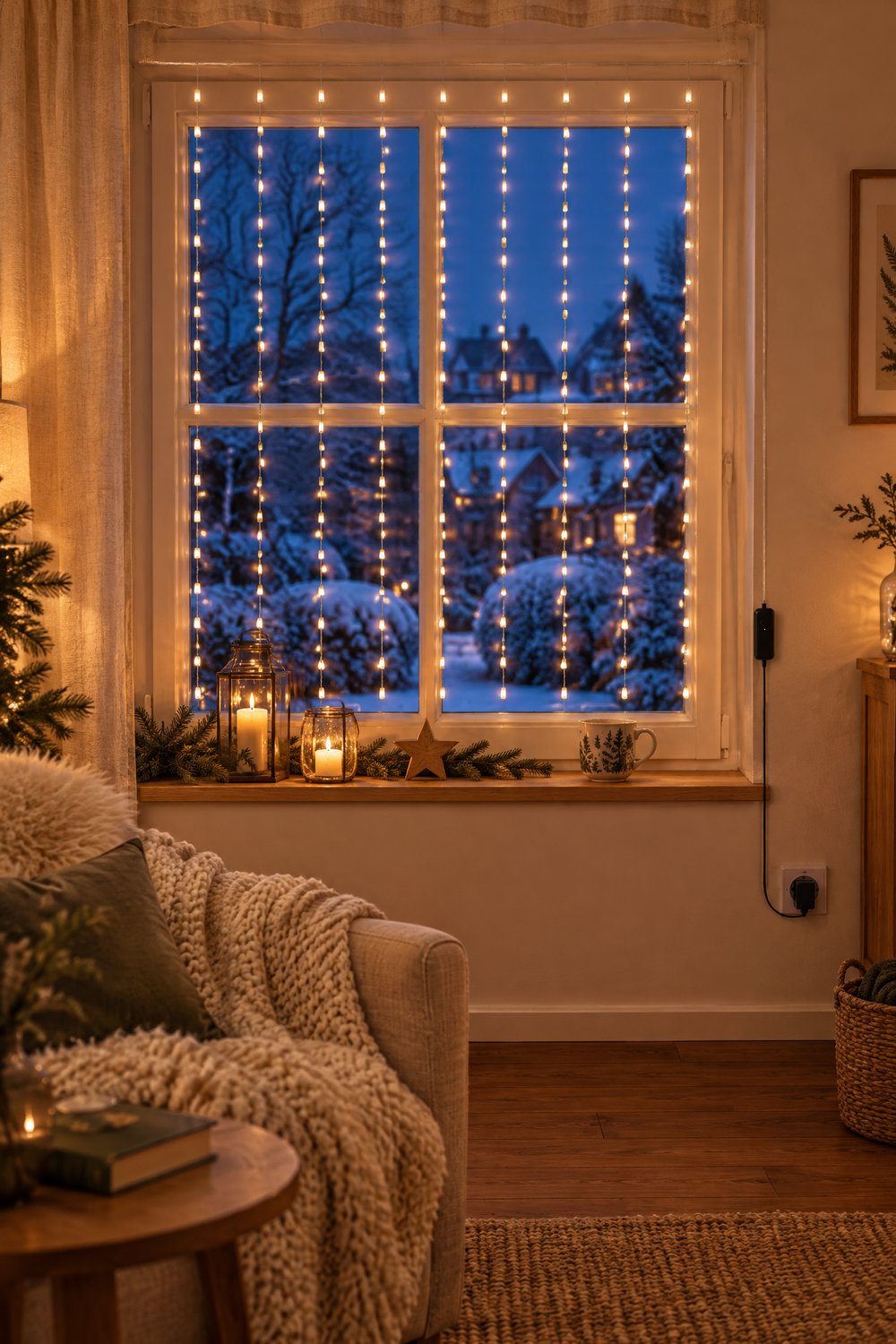 Lichtervorhang aus warmweißen LED-Strängen leuchtet in einem Sprossenfenster, draußen ein verschneiter Abend, davor ein Sessel mit Strickdecke