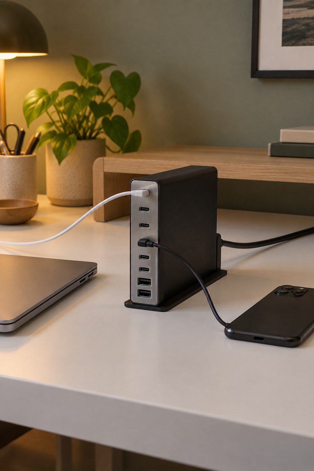 UGREEN 200W Ladestation mit USB-C- und USB-A-Anschlüssen aufrecht im schwarzen Ständer auf einem hellen Schreibtisch, daneben Laptop und Smartphone