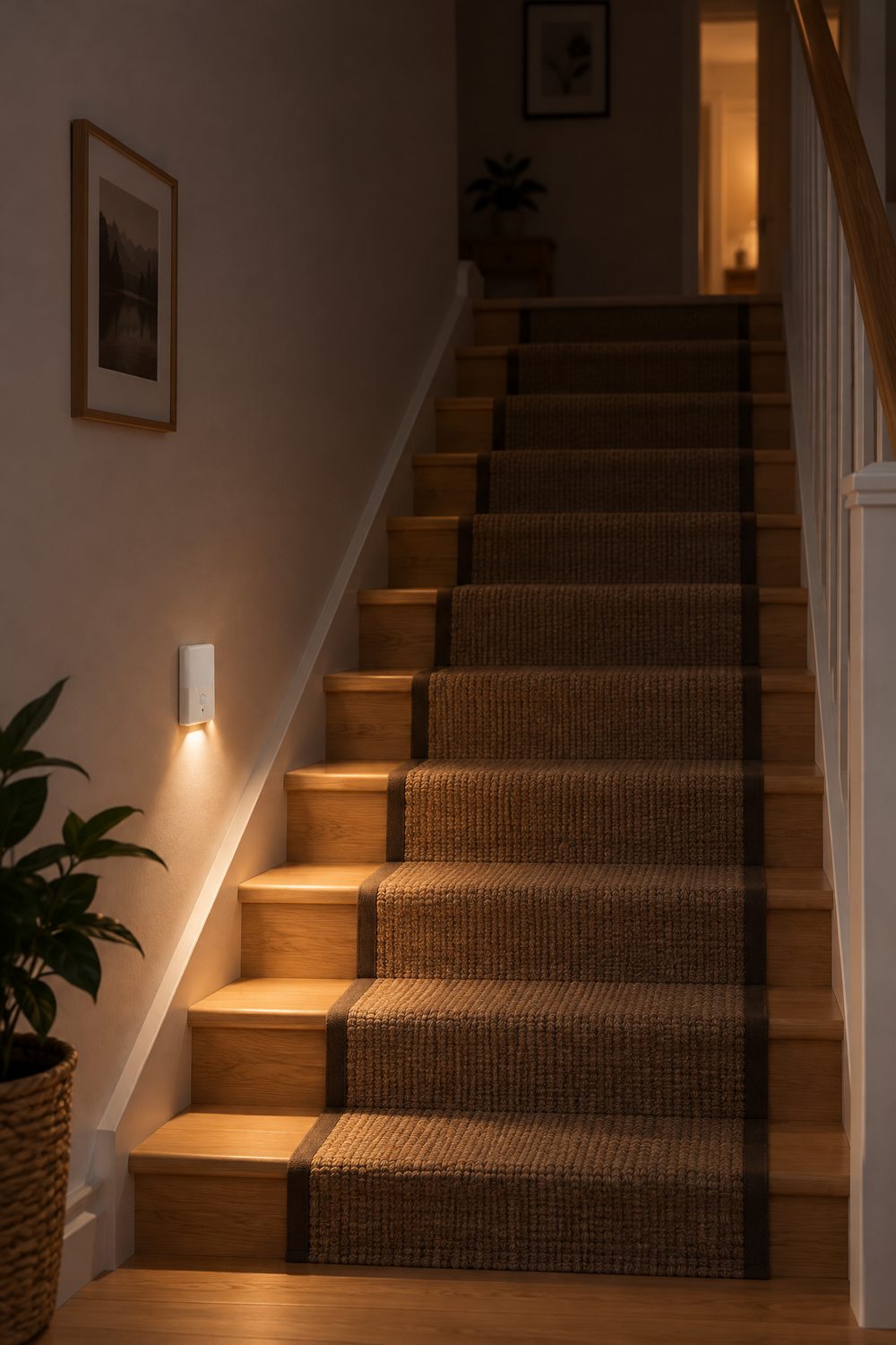 Kleines weißes VARTA Nachtlicht hängt am Abend seitlich an der Wand neben einer Holztreppe und wirft warmweißes Licht auf die Stufen