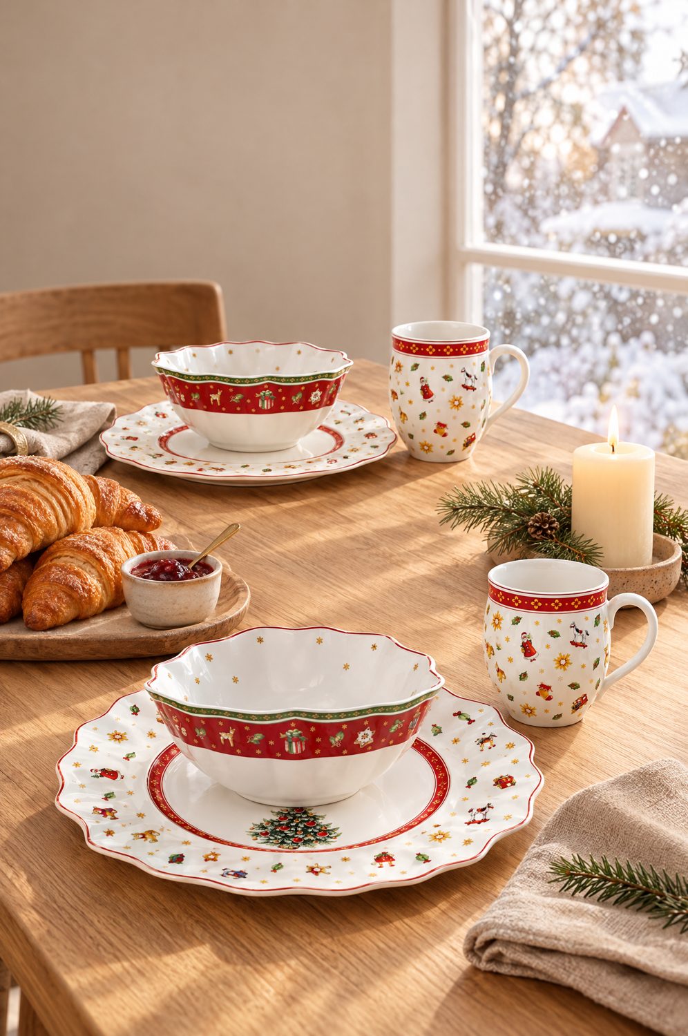 Weihnachtsgeschirr Villeroy & Boch Toy's Delight mit zwei Tellern, Schalen und Bechern auf einem Holztisch am Fenster, Kerzenlicht und Tannenzweige