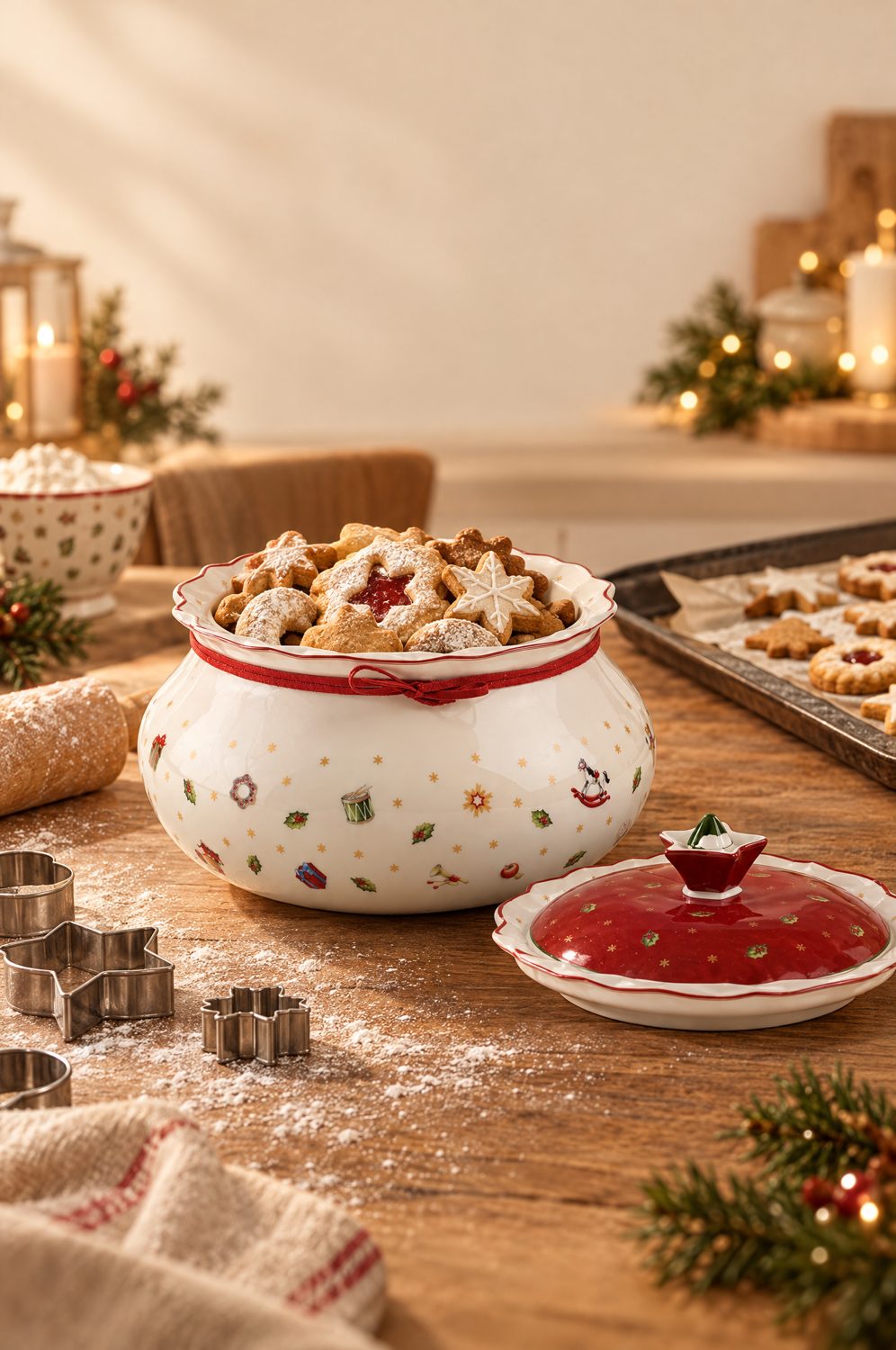 Villeroy & Boch Toy's Delight Plätzchendose aus Porzellan mit Weihnachtsplätzchen auf einem Küchentisch mit Mehl und Ausstechern