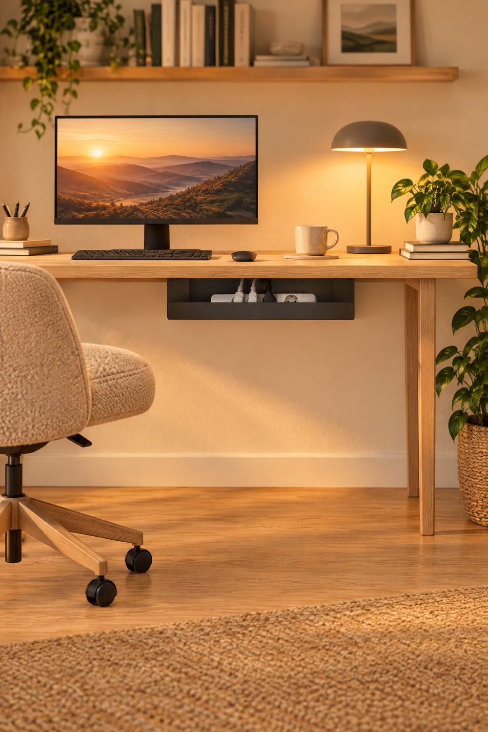Gemütliches Homeoffice mit Holzschreibtisch, Monitor und Leuchte, darunter gerade angeschraubt eine schwarze VIVO Kabelwanne mit Schuko-Steckdosenleiste, der Boden bleibt frei