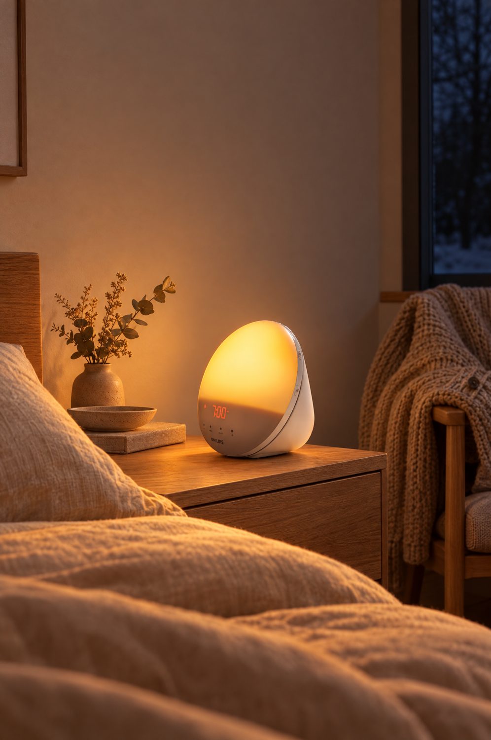 Philips Wake-up Light auf einem Nachttisch im dunklen Schlafzimmer, das Licht leuchtet orange wie ein Sonnenaufgang auf Leinenbettwäsche