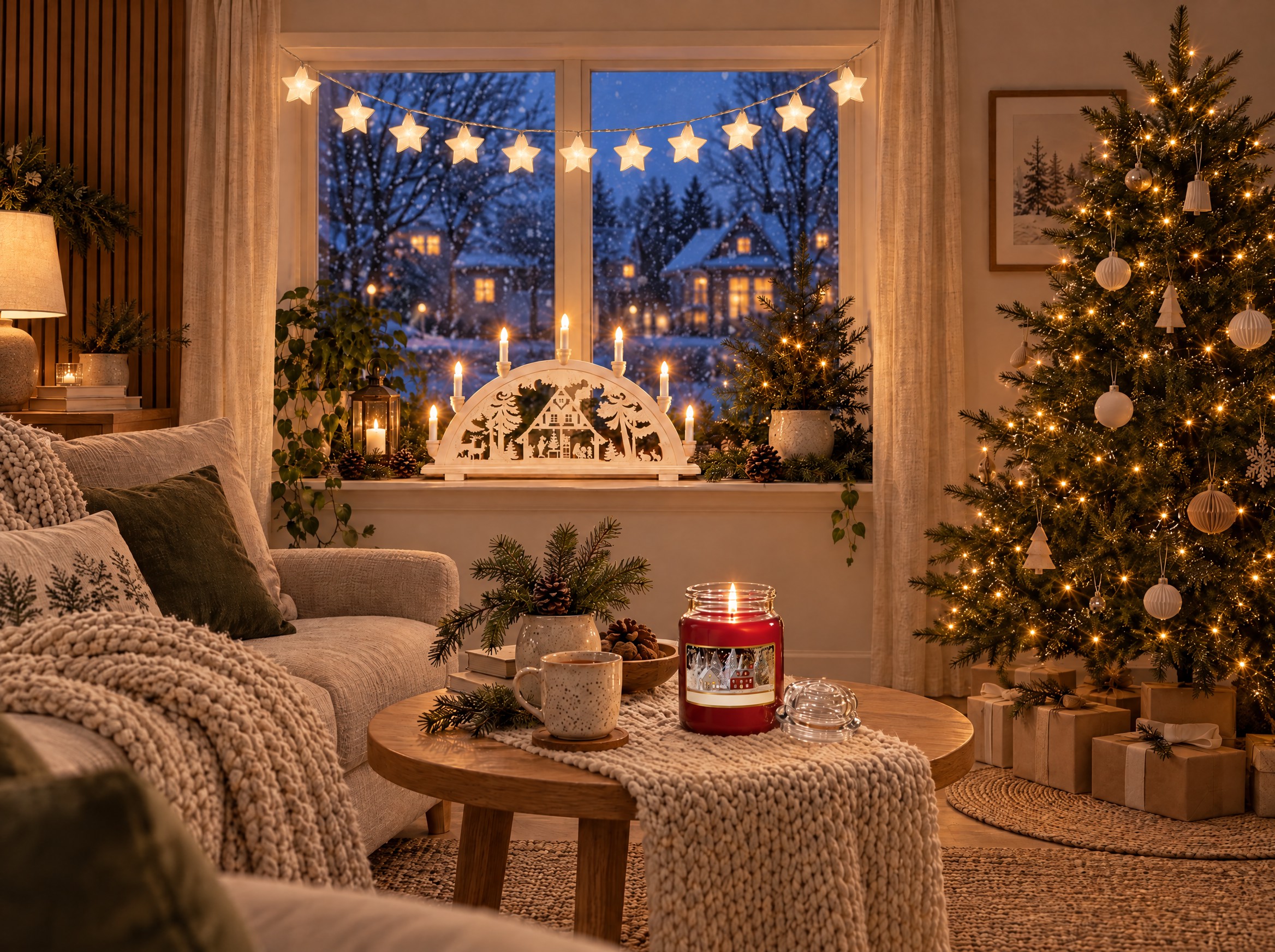 Wohnzimmer an einem verschneiten Adventsabend mit leuchtendem Holz-Schwibbogen im Fenster, Papiersternen darüber und einem Weihnachtsbaum mit warmen Lichtern