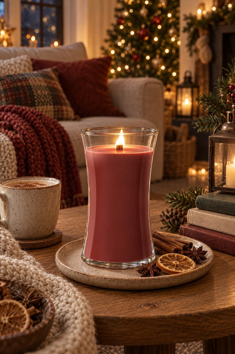 WoodWick Duftkerze Cinnamon Chai im Sanduhrglas auf einem Teller mit Zimtstangen vor dem Weihnachtsbaum